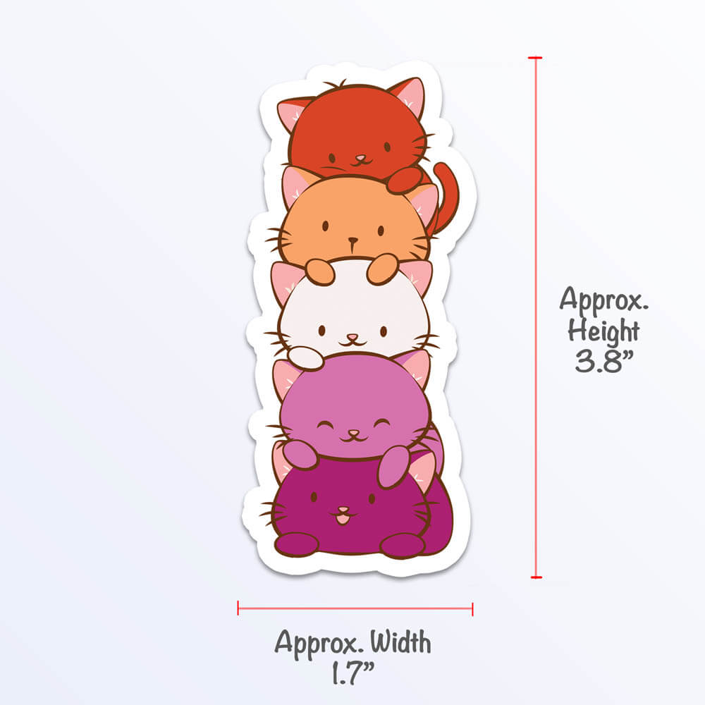 Kawaii Cat Pile Lesbian Pride Sticker Measurement