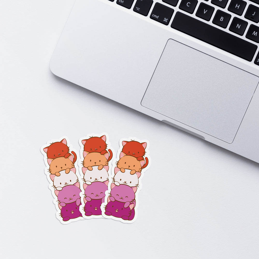Kawaii Cat Pile Lesbian Pride Stickers with laptop