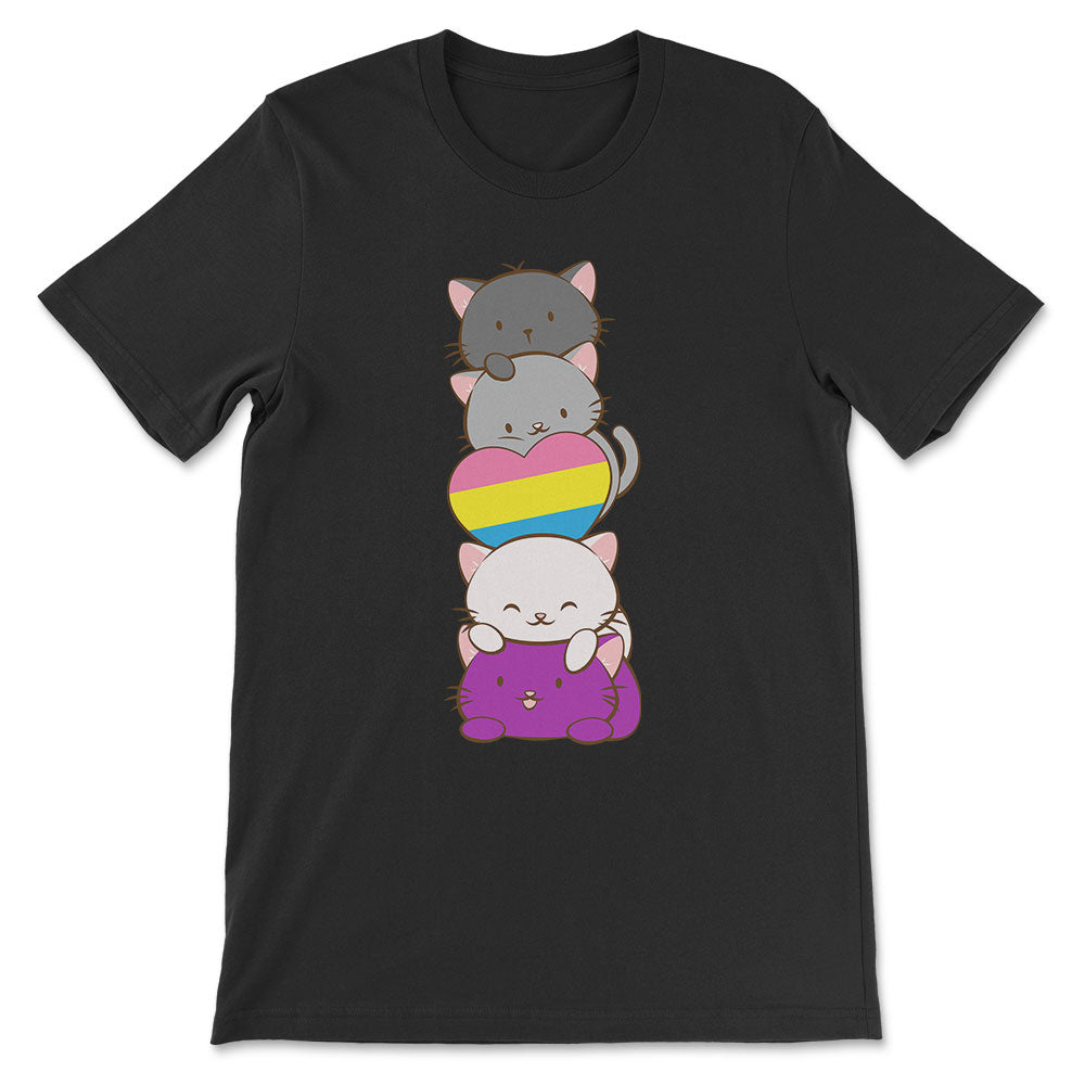 Kawaii Cat Pile Panromantic Asexual Pride T-Shirt - black