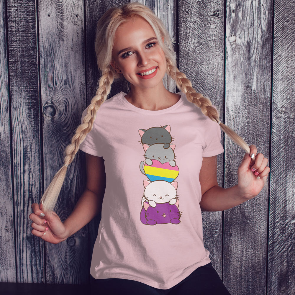 Kawaii Cat Pile Panromantic Asexual Pride T-Shirt for Ace women