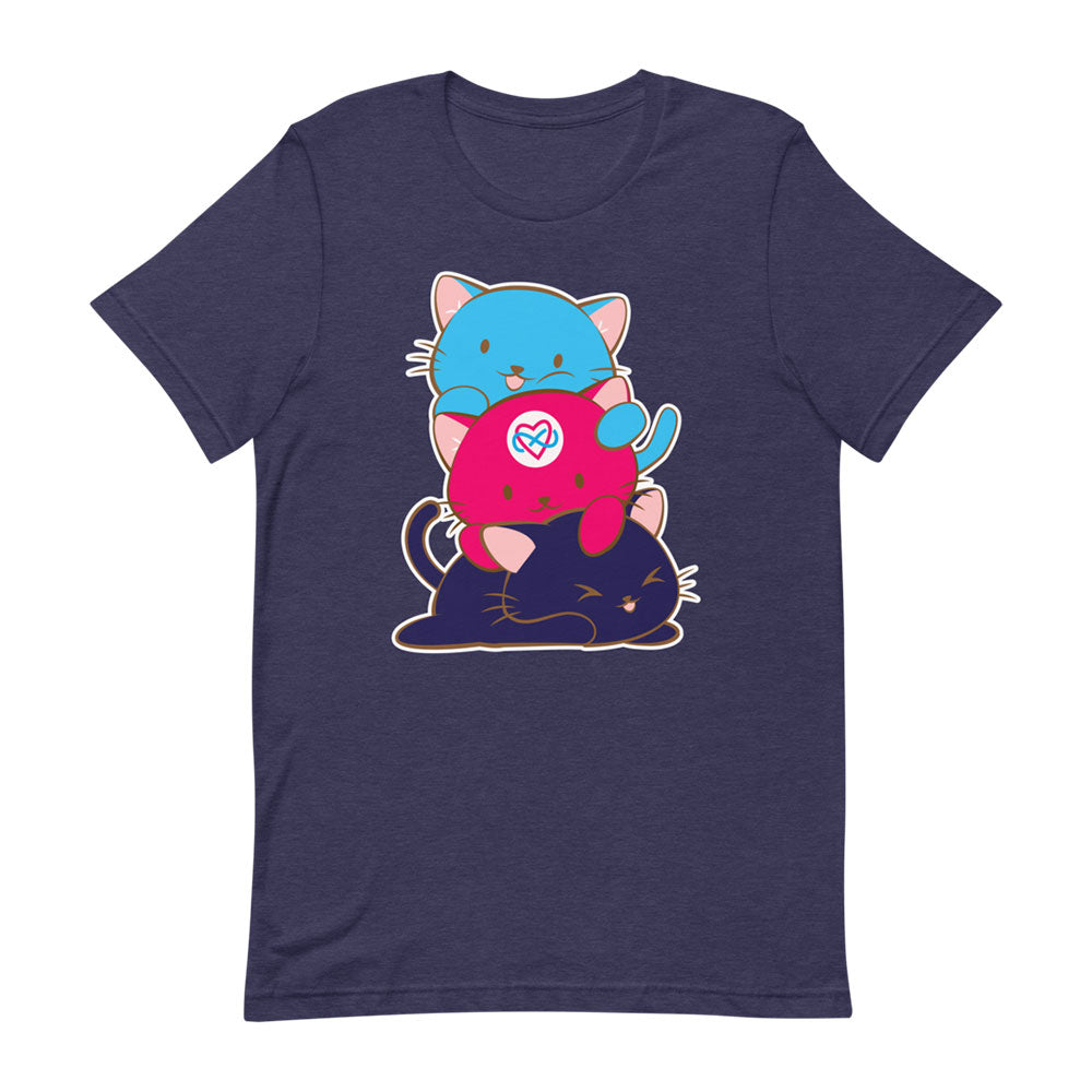 Kawaii Cat Pile Poly Pride T-Shirt - Heather Midnight Navy