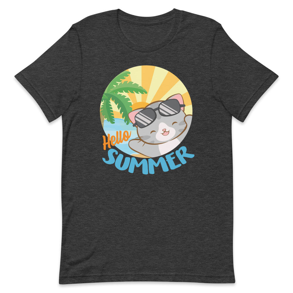 Kawaii Cat at Tropical Beach Hello Summer T Shirt - Dark Grey Heather