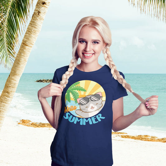Kawaii Cat at Tropical Beach Hello Summer T Shirt Women