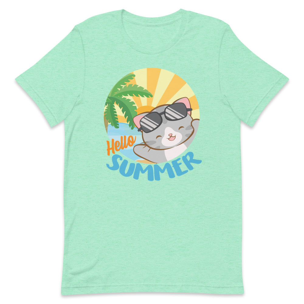 Kawaii Cat at Tropical Beach Hello Summer T Shirt - Heather Mint