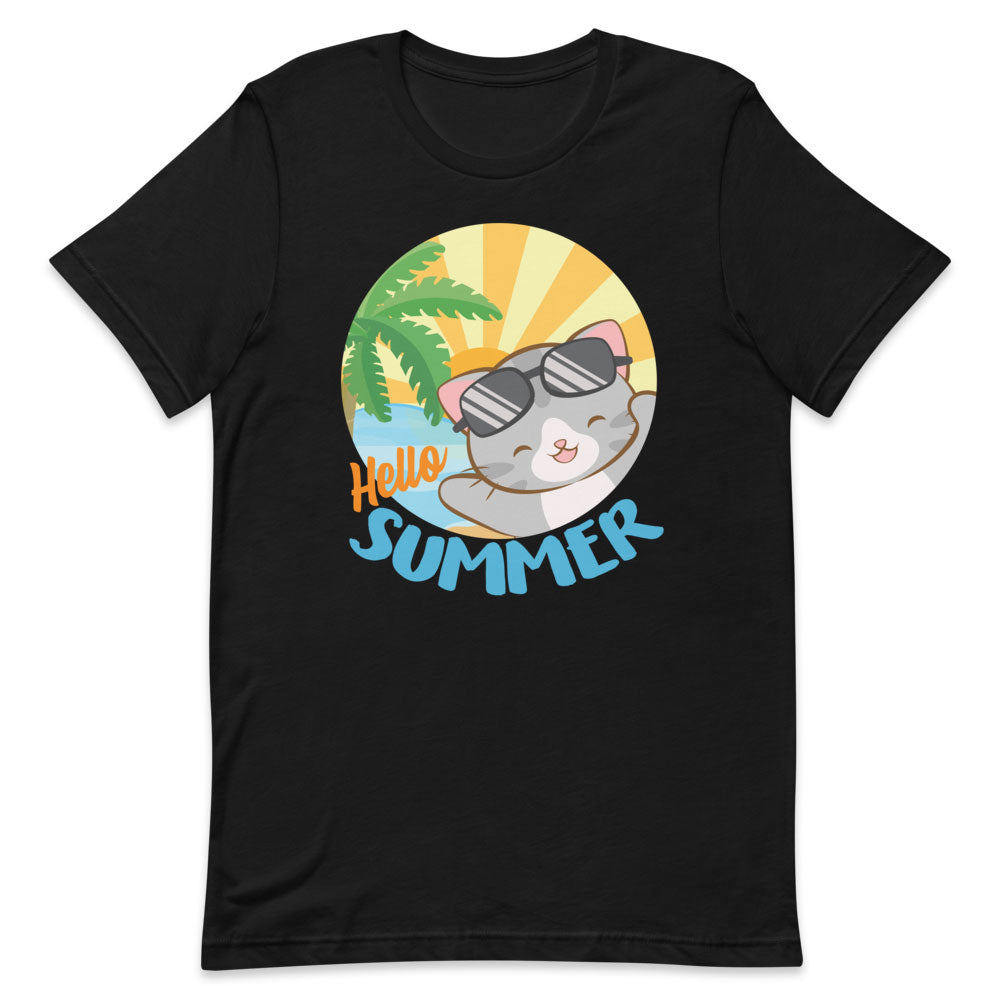 Kawaii Cat at Tropical Beach Hello Summer T Shirt - Black