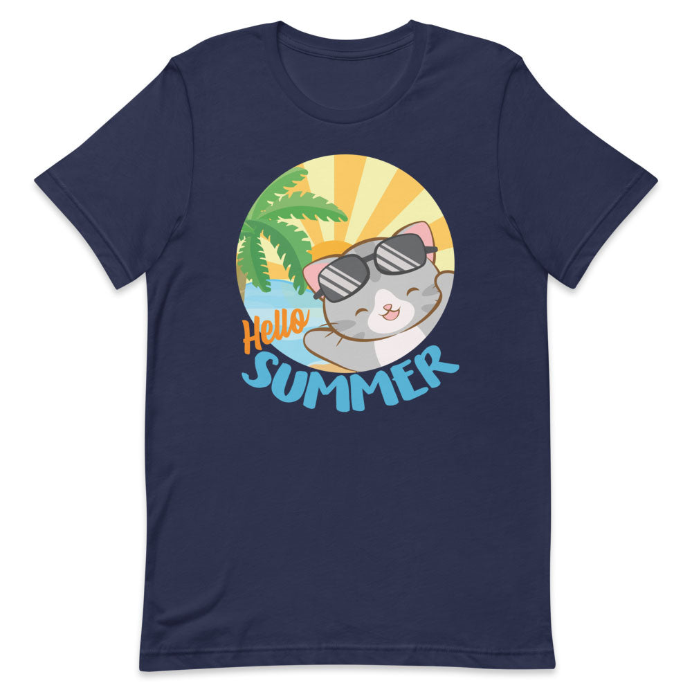 Kawaii Cat at Tropical Beach Hello Summer T Shirt - Navy