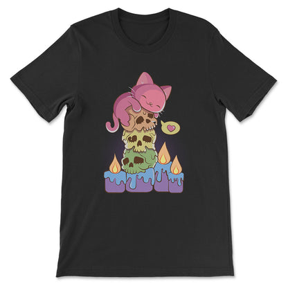 Kawaii Cat on Rainbow Skulls Pastel Goth LGBTQ Pride Shirt - black