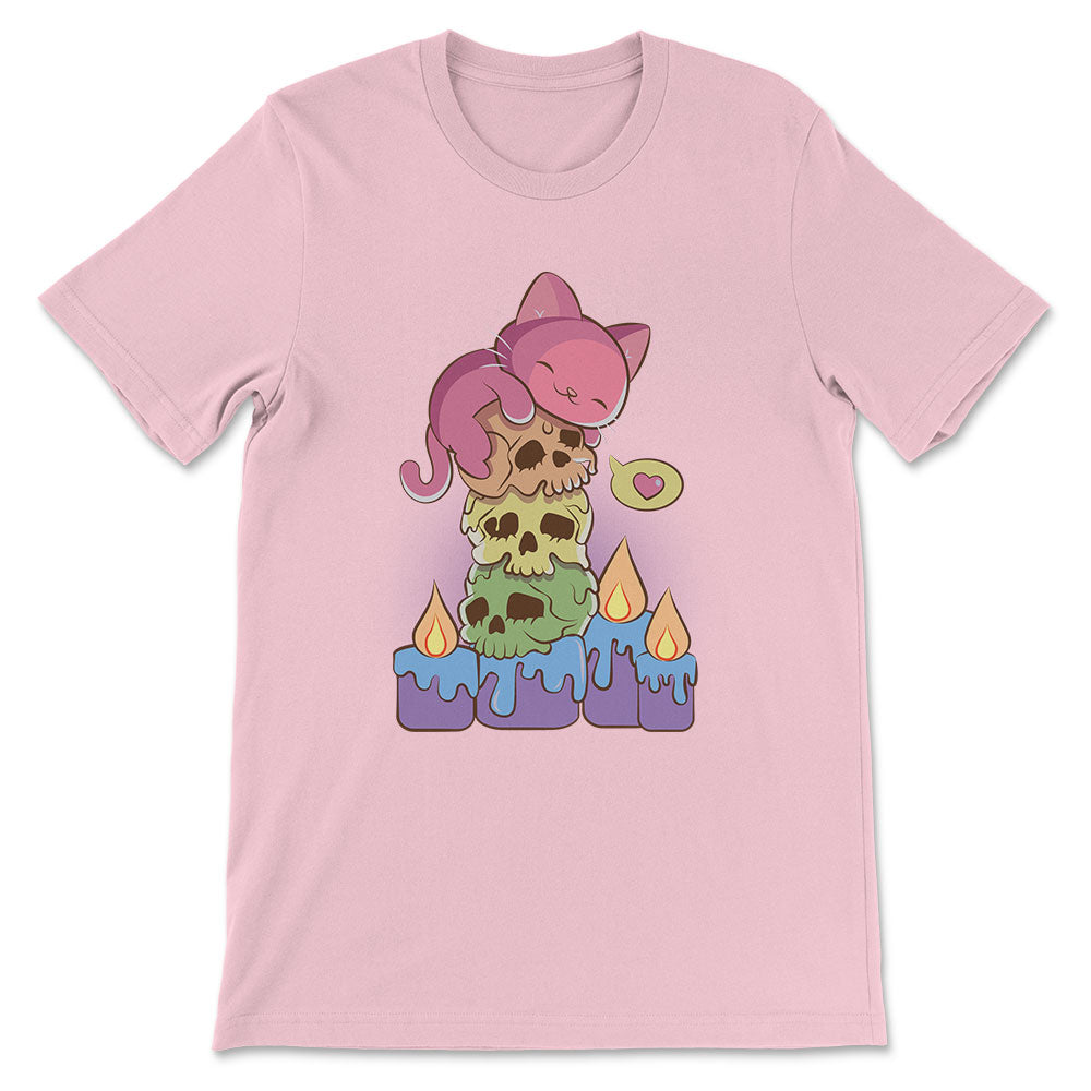 Kawaii Cat on Rainbow Skulls Pastel Goth LGBTQ Pride Shirt - pink
