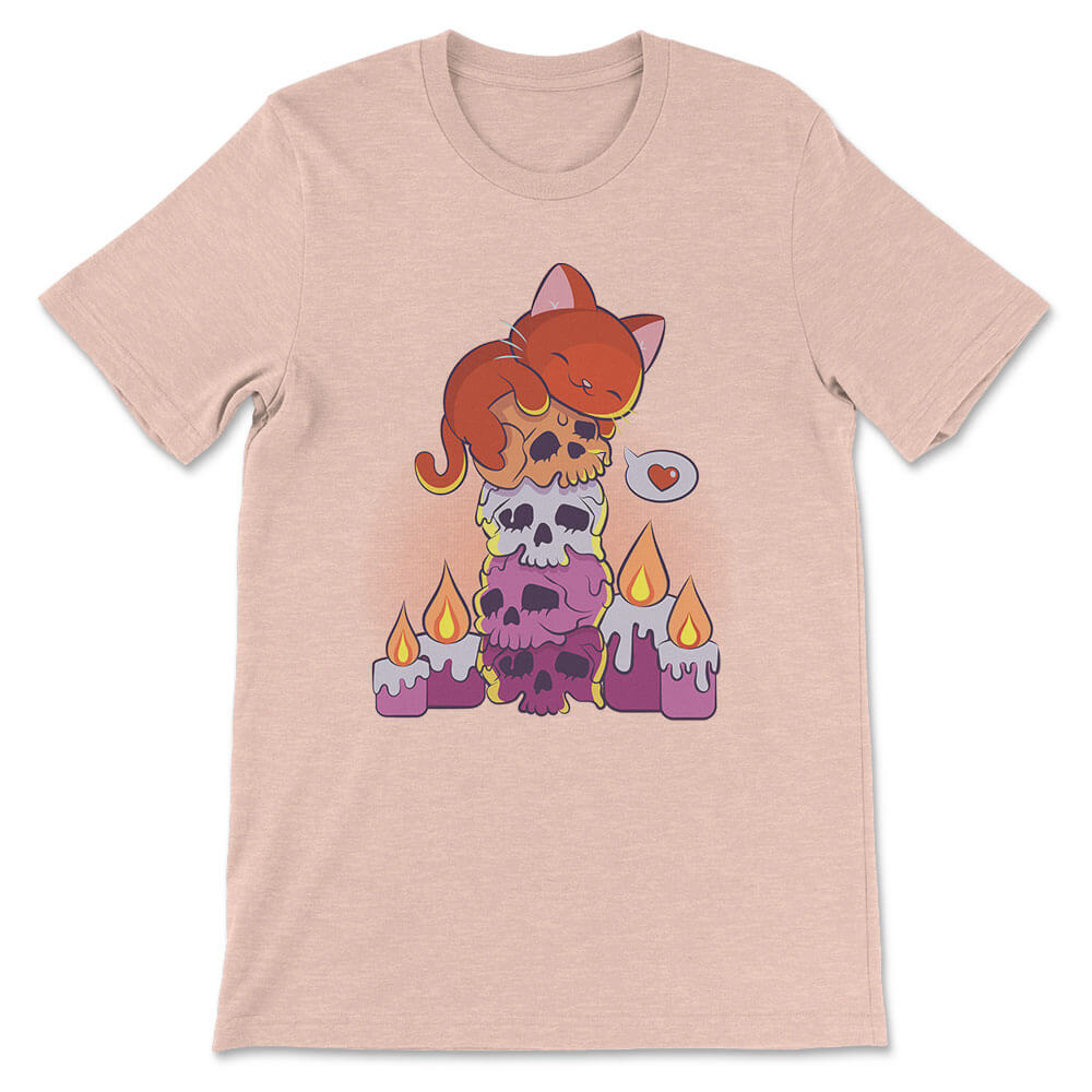 Creepy Cute Cat on Skulls Kawaii Goth Lesbian Shirt - heather peach