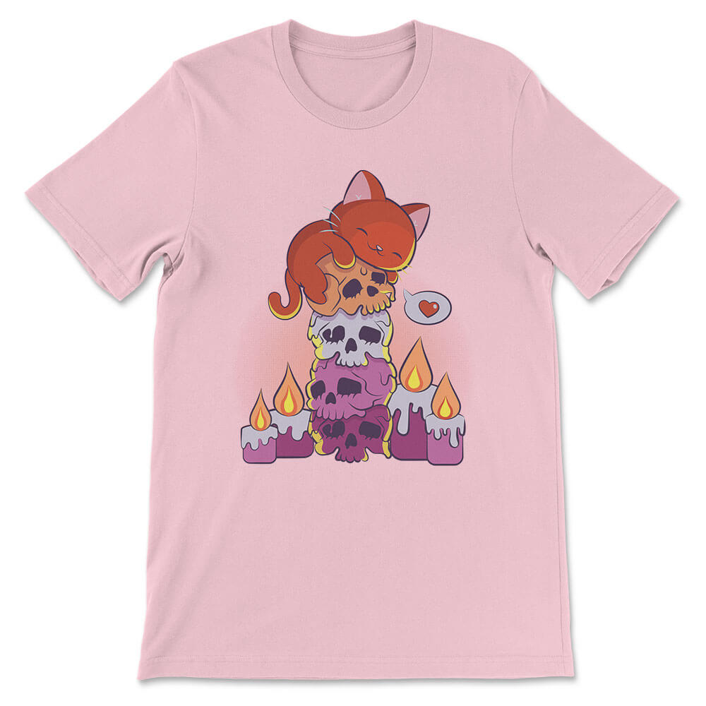 Creepy Cute Cat on Skulls Kawaii Goth Lesbian Shirt - pink