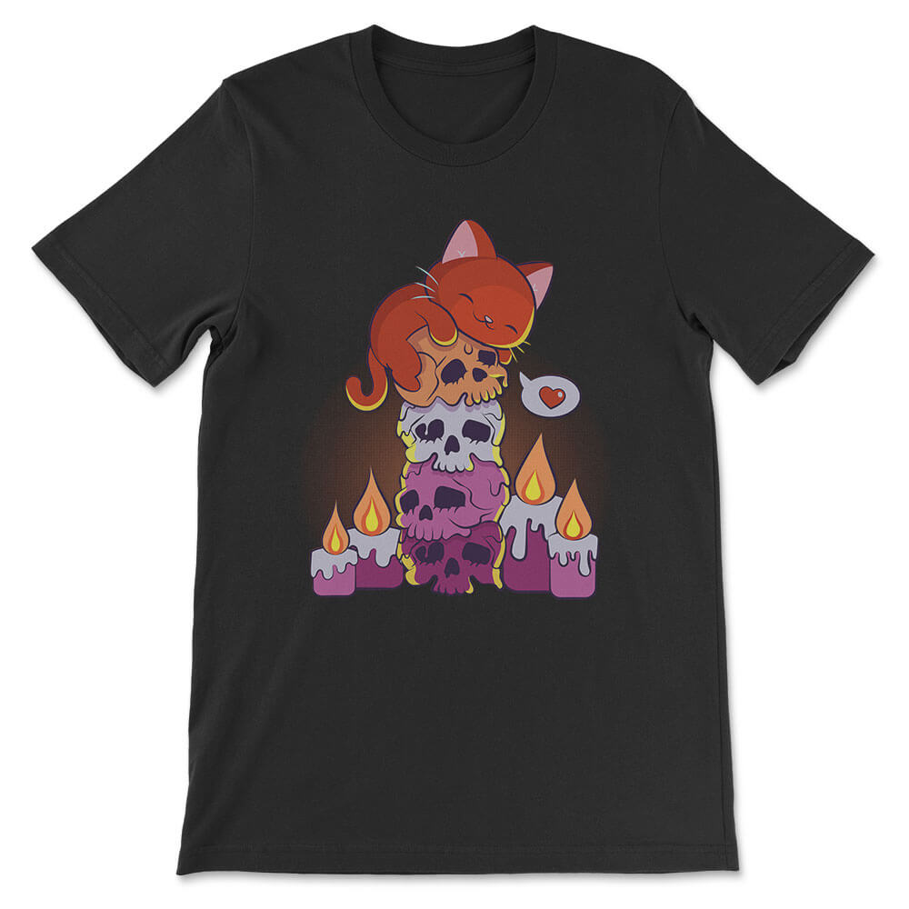 Creepy Cute Cat on Skulls Kawaii Goth Lesbian Shirt - black