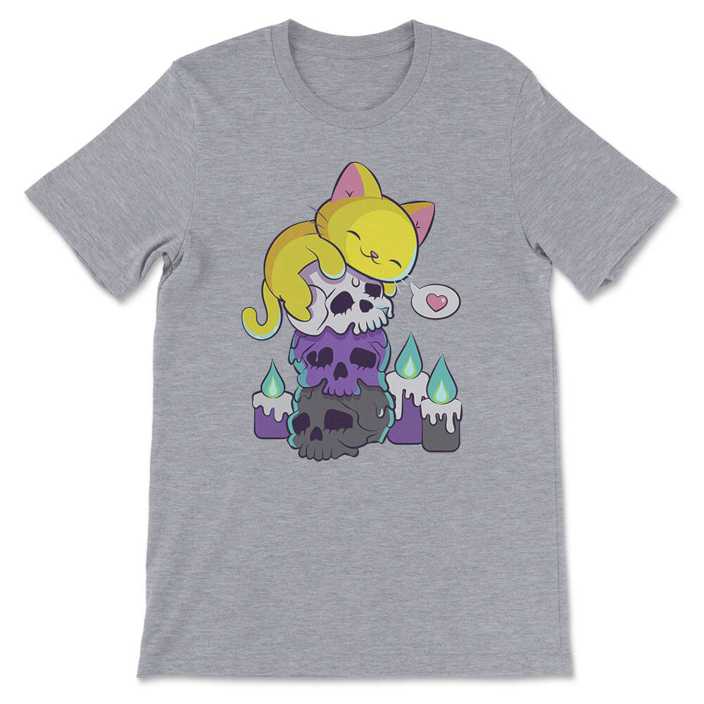 Kawaii Cat on Skulls Nonbinary Shirt for Enby - Athletic Heather