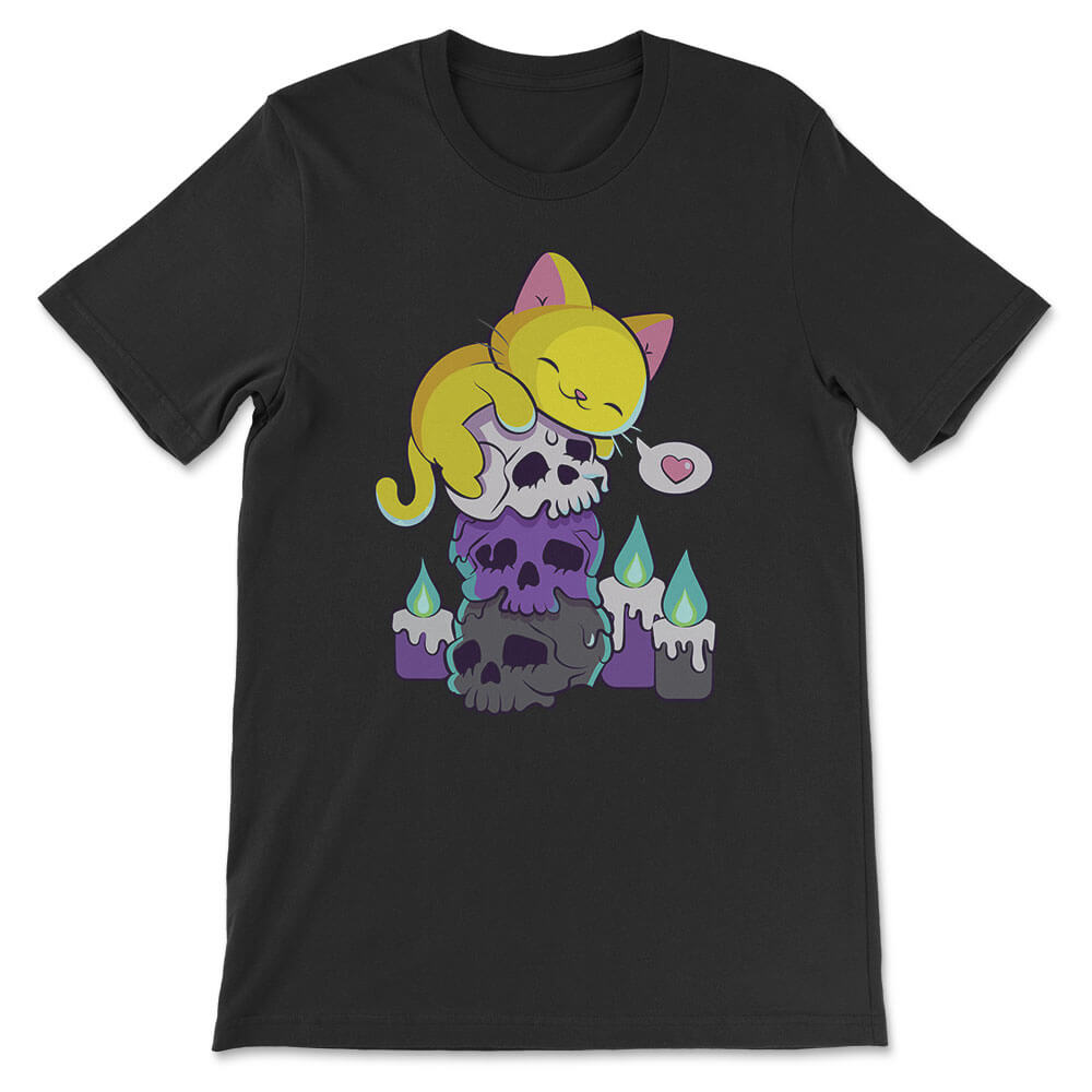 Kawaii Cat on Skulls Nonbinary Shirt for Enby - black