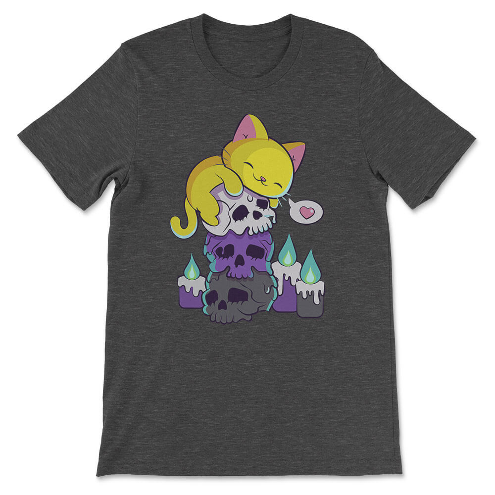 Kawaii Cat on Skulls Nonbinary Shirt for Enby - Dark Grey Heather