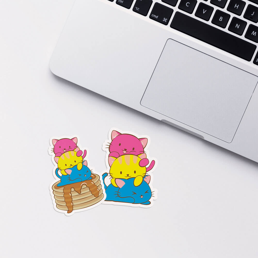 Kawaii Cat Pile Pansexual Stickers with laptop