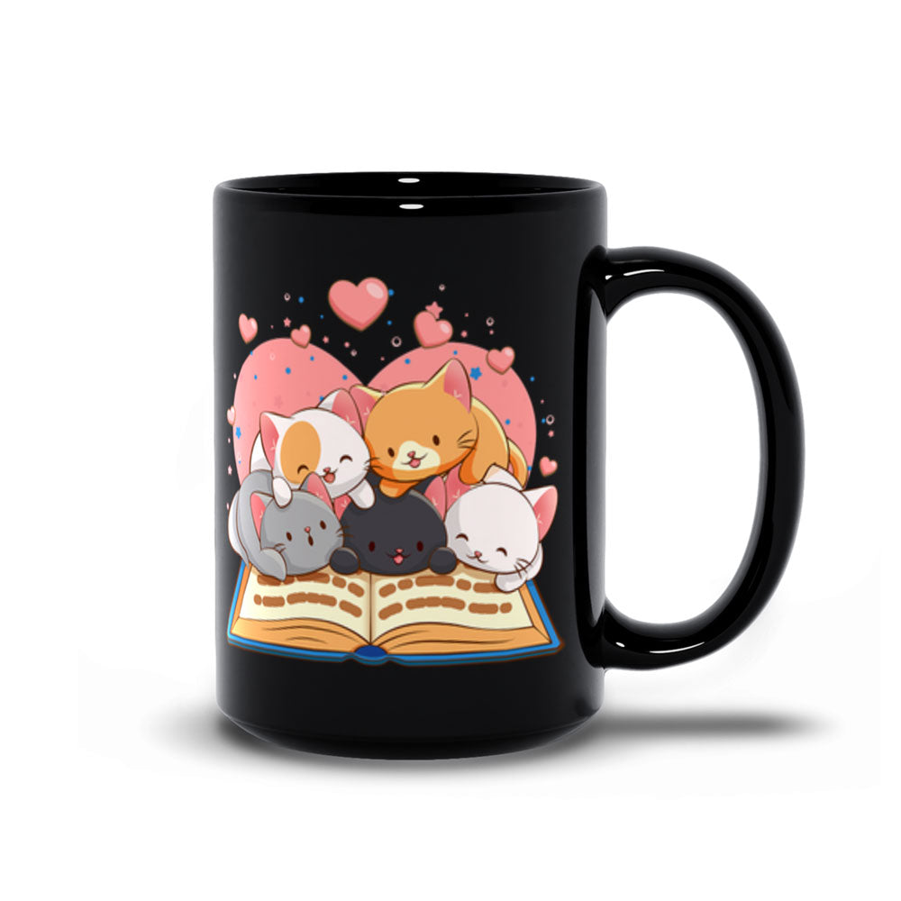 Kawaii Cats-Reading-Book Cute Mug - Black 15 oz