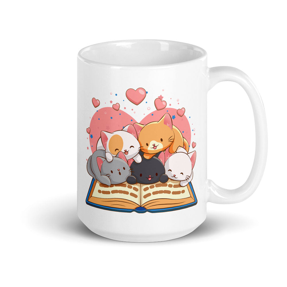 Kawaii Cats-Reading-Book Cute Mug - White 15 oz