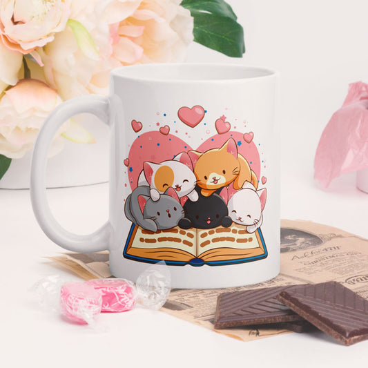 Kawaii Cats-Reading-Book Cute Mug on table