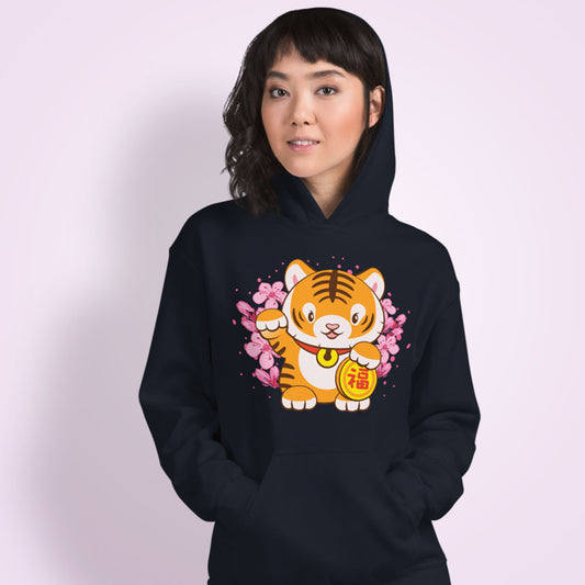 Kawaii Lucky Kitty Year of Tiger Hoodie for Women