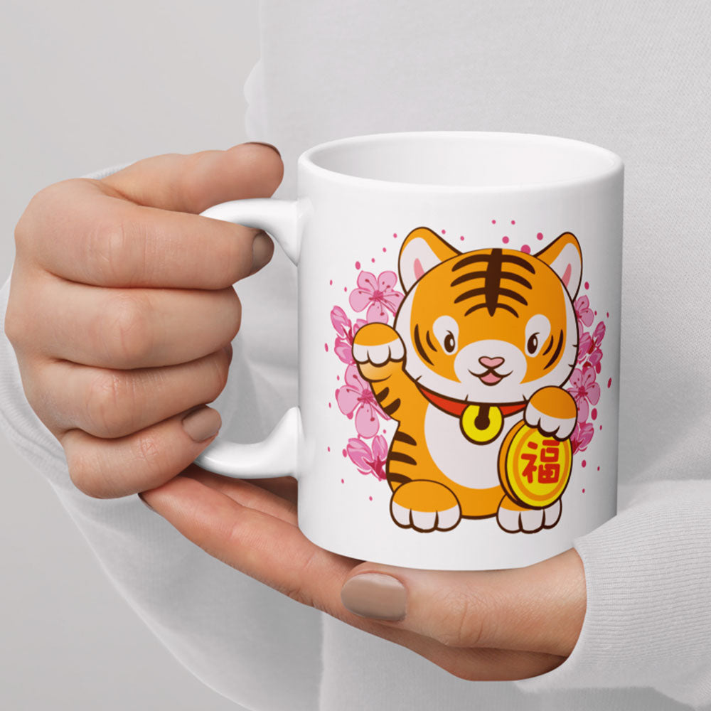 Kawaii Year of Tiger Coffee Mug in hand