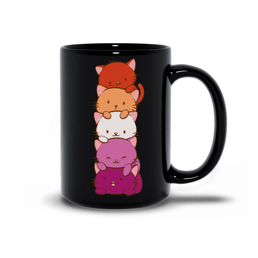 Lesbian Pride Cute Kawaii Cat Mug 15 oz / Black