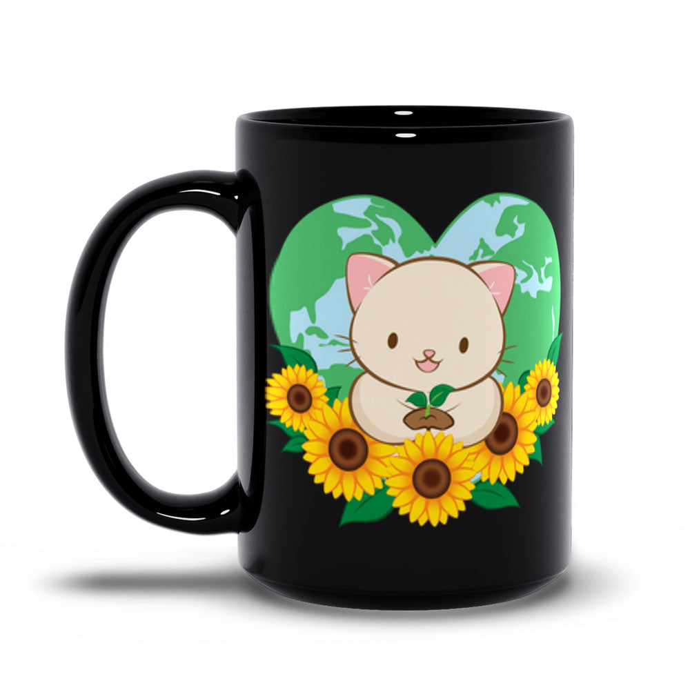 Love Our Earth Kawaii Cat Cute Coffee Mug - Black 15 oz