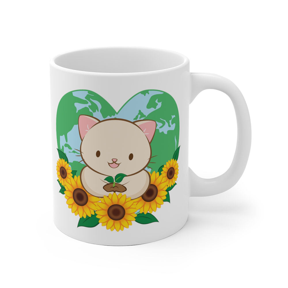 Love Our Earth Kawaii Cat Cute Coffee Mug White 11oz