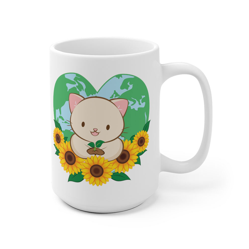 Love Our Earth Kawaii Cat Cute Coffee Mug White 15 oz