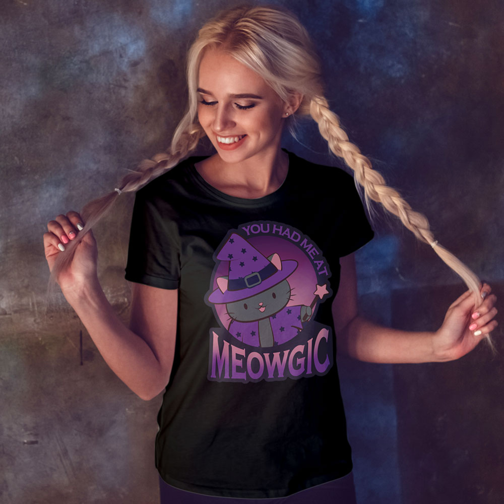 Meowgic Kawaii Wizard Cat T-shirt for Magic and Fantasy Lovers - Women
