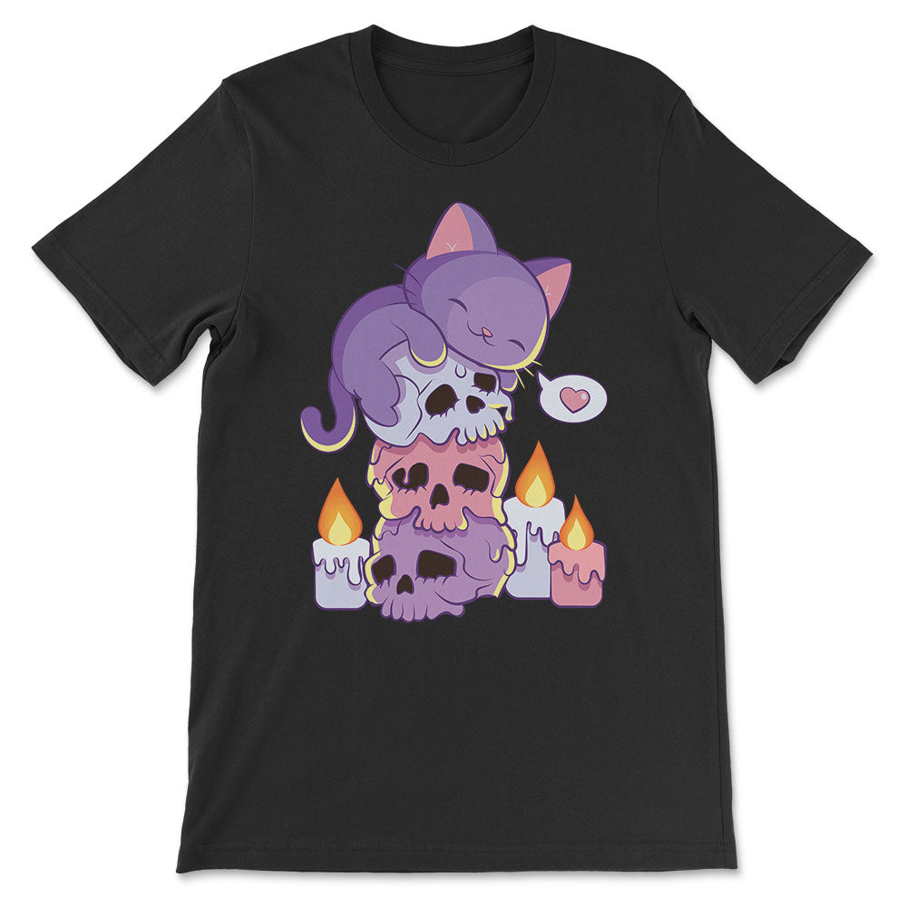 Purple Cat on Skulls Kawaii Aesthetic Pastel Goth Shirt - black