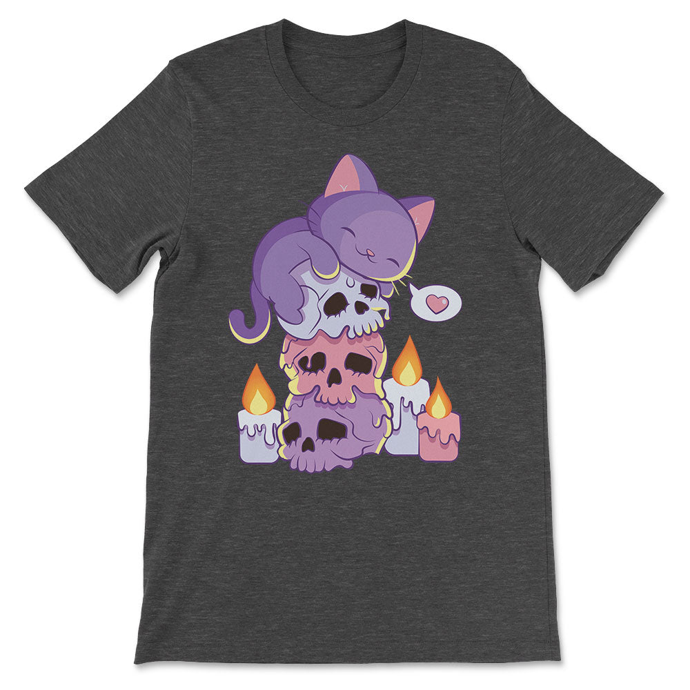Purple Cat on Skulls Kawaii Aesthetic Pastel Goth Shirt - dark grey heather