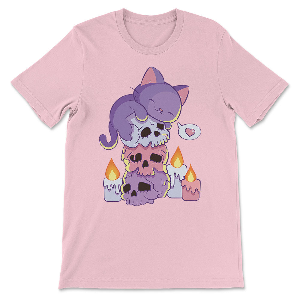 Purple Cat on Skulls Kawaii Aesthetic Pastel Goth Shirt - pink