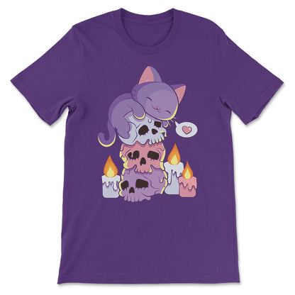 Purple Cat on Skulls Kawaii Aesthetic Pastel Goth Shirt - Purple