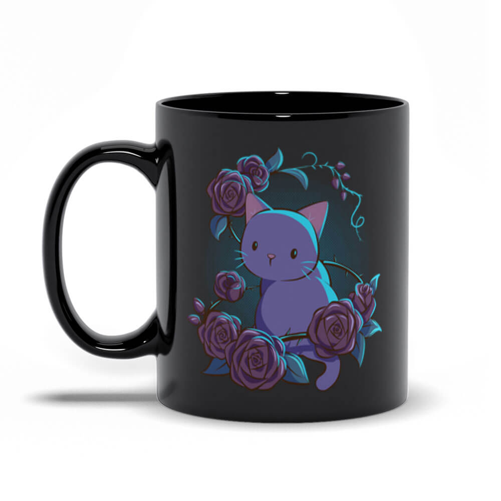 Roses and Thorns Cute Kawaii Cat Mug Black, 11oz