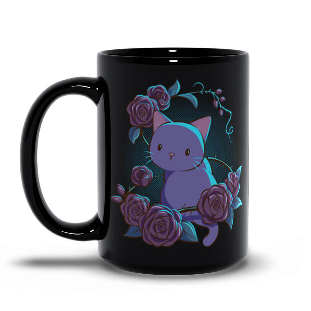 Roses and Thorns Cute Kawaii Cat Mug, Black 15oz