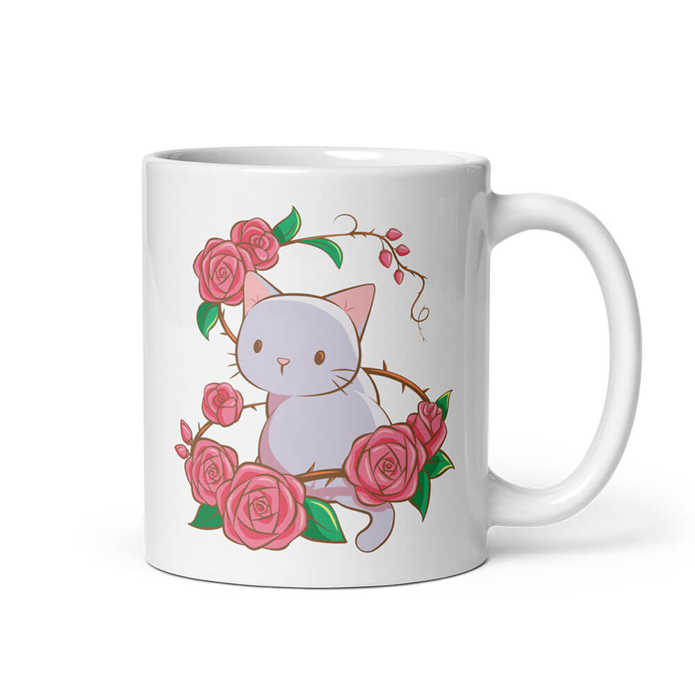 Roses and Thorns Cute Kawaii Cat Mug White 11oz