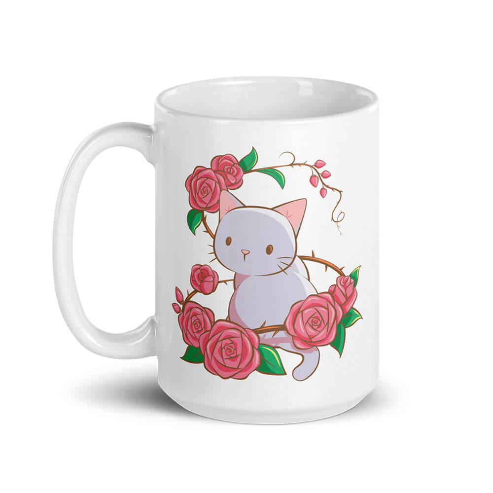 Roses and Thorns Cute Kawaii Cat Mug, White 15oz