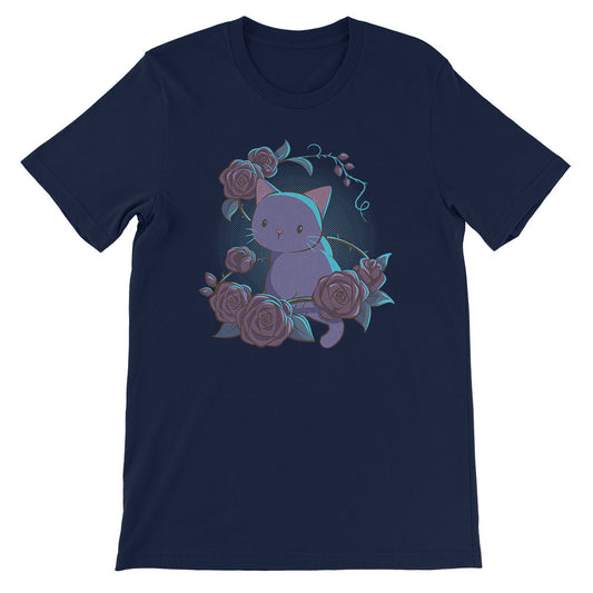 Roses and Thorns Kawaii Cat T-shirt Navy