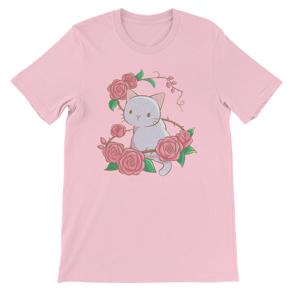 Roses and Thorns Kawaii Cat T-shirt Pink