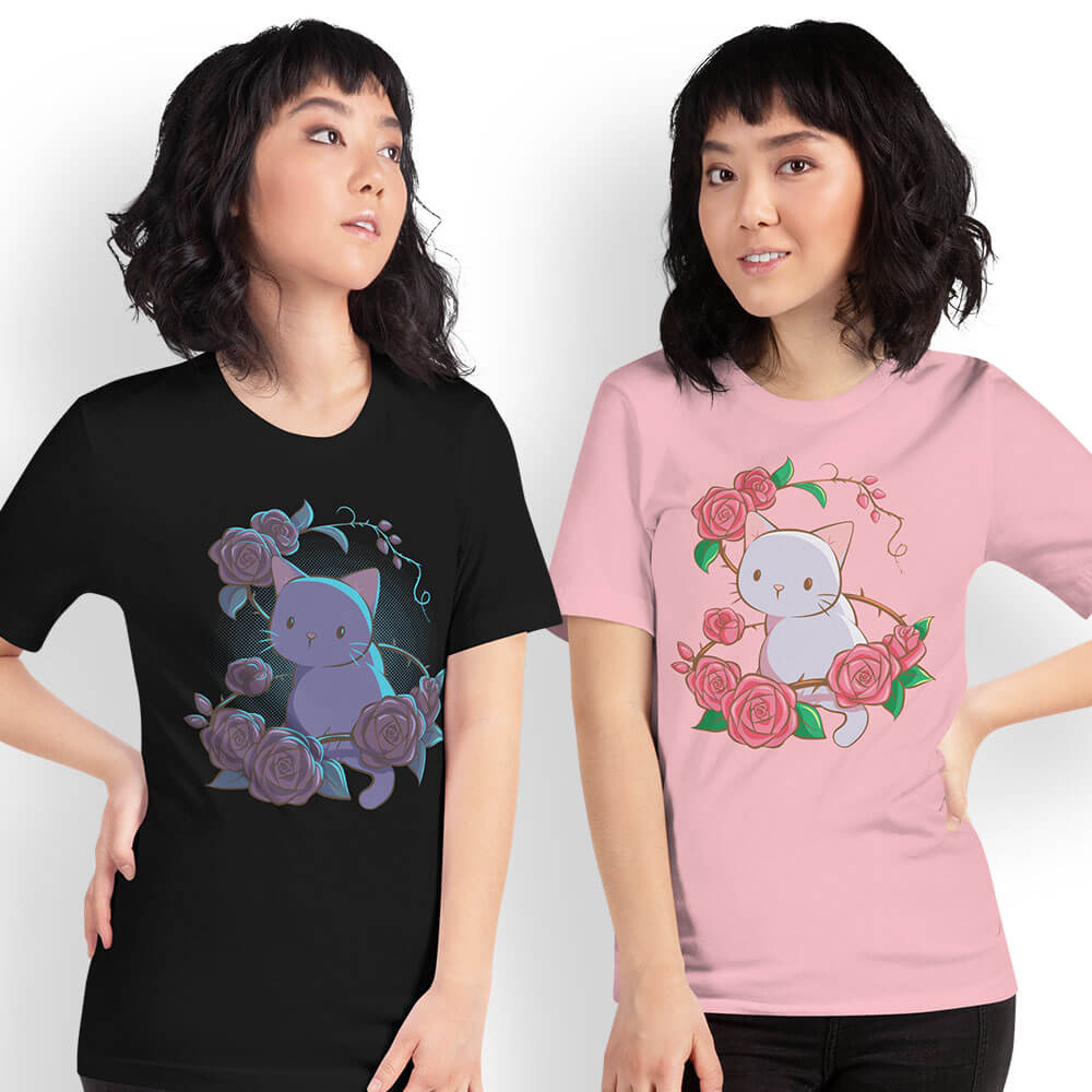 Roses and Thorns Kawaii Cat T-shirt for Women