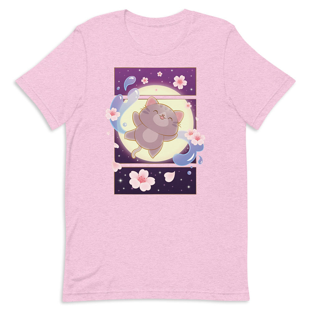 Sakura Flight Fantasy Kawaii Cat T-shirt - Heather Prism Lilac