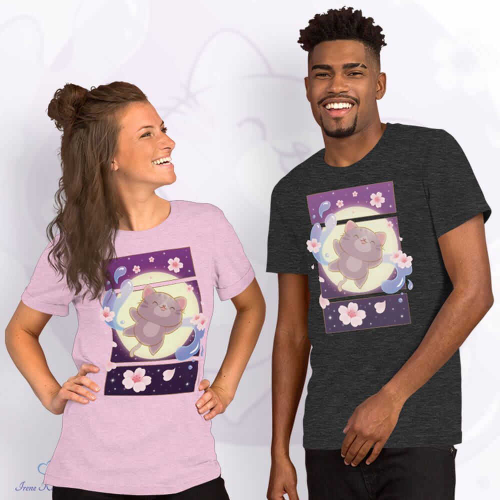 Sakura Flight Fantasy Kawaii Cat T-shirt for men and women