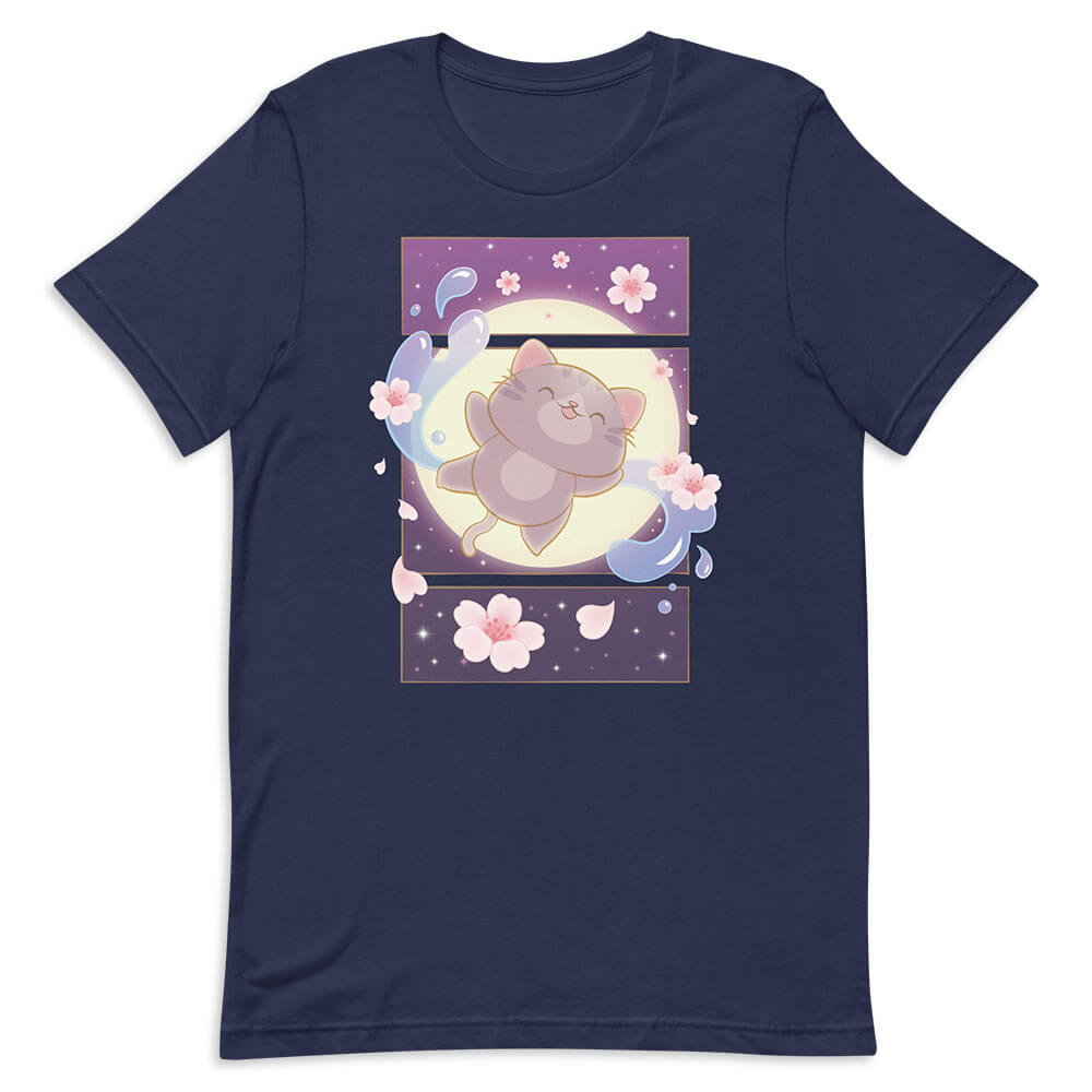 Sakura Flight Fantasy Kawaii Cat T-shirt Navy