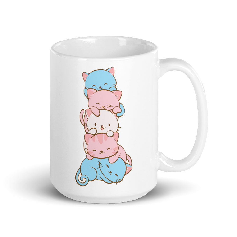 Transgender Pride Cute Kawaii Cat Mug 15 oz / White