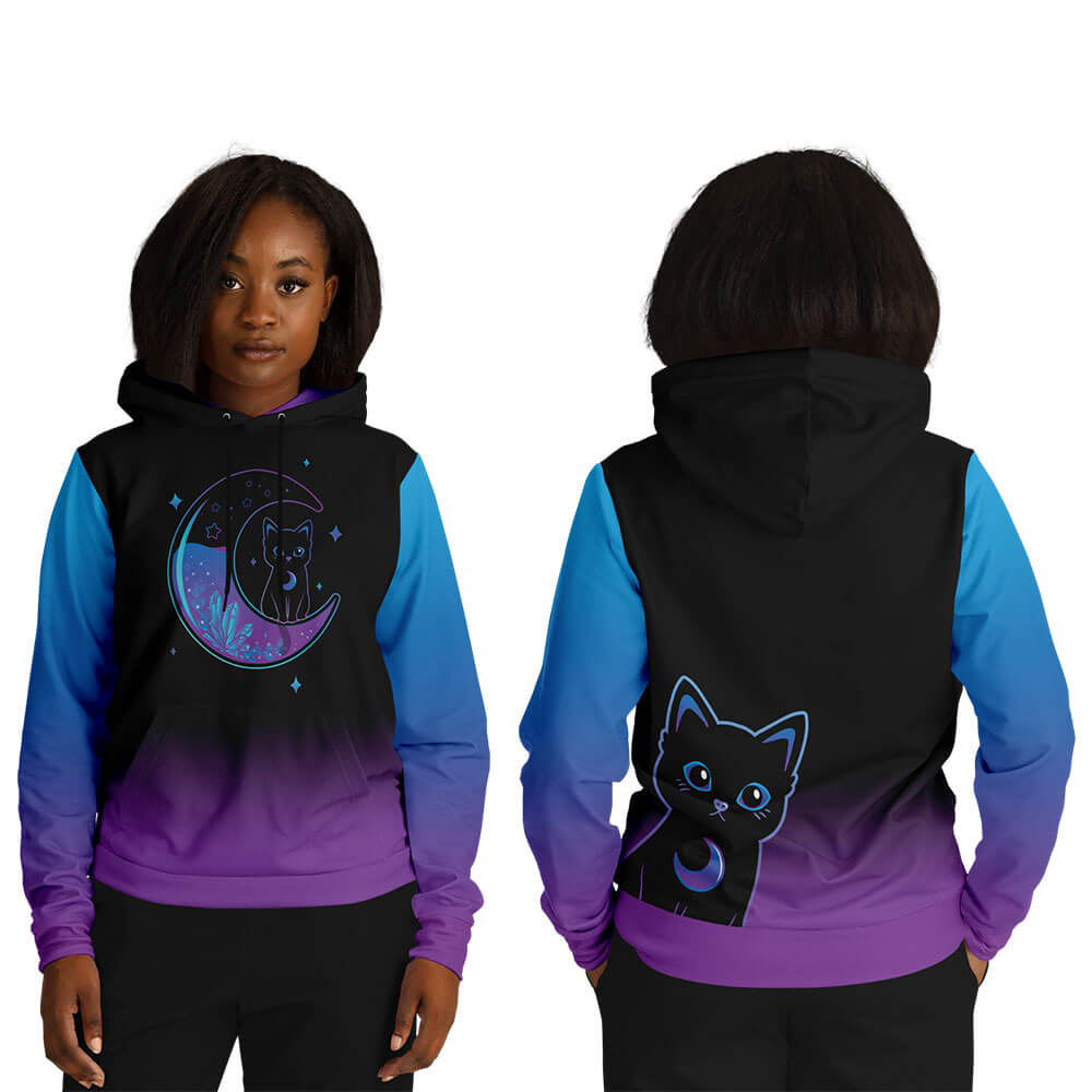 Witchy Black Cat on Magical Moon Kawaii Hoodie for women