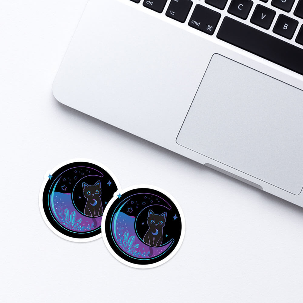 Witchy Black Cat on Magical Moon Kawaii Sticker for Laptop