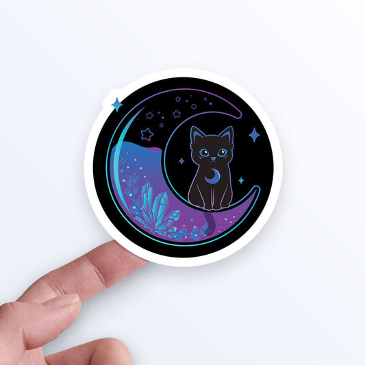 Witchy Black Cat on Magical Moon Kawaii Sticker on hand