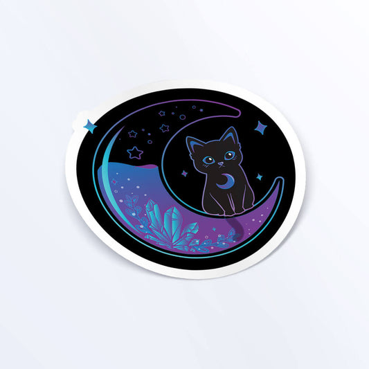 Witchy Black Cat on Magical Moon Kawaii Sticker