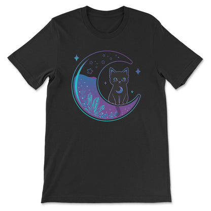 Witchy Black Cat on Moon Kawaii T-shirt - Black