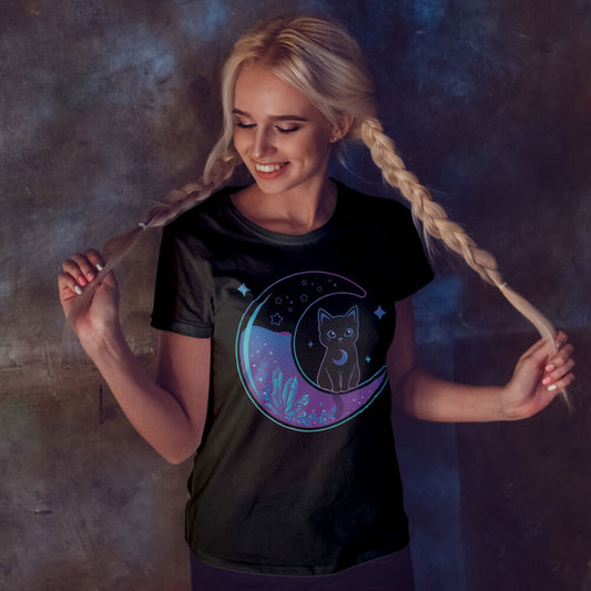 Witchy Black Cat on Moon Kawaii T-shirt for women